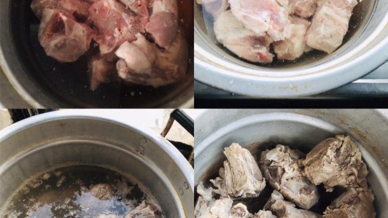 吮指香辣焖脊骨,猪脊骨泡水 一夜至肉色发白即可入凉水锅中焯水去血沫,汤清时捞出清洗干净放入锅中