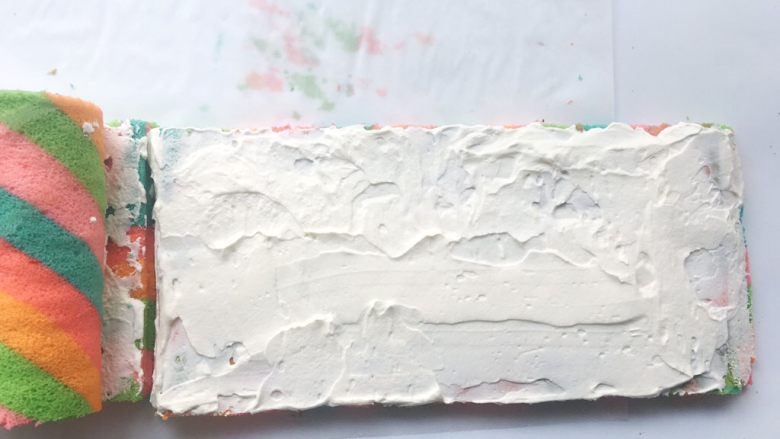 彩虹蛋糕
,拼接上另外一份蛋糕片,接口处抹上一点淡奶油,表面再抹上适量的淡奶油,一起卷起来