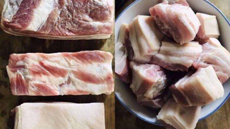 解腻鲜果红烧肉,五花肉用火将外皮毛撩烧干净,用钢丝球刷洗干净
切成1厘米左右的方块