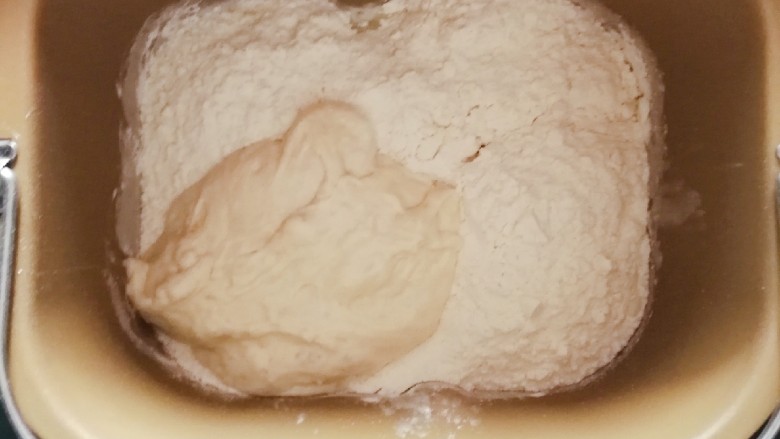 坚果吐司面包～波兰种,把主面团原料除了<a style='color:red;display:inline-block;' href='/shicai/ 887'>黄油</a>全部放入面包机。再放入发酵好的波兰种。调揉面程序，我的一次是13分钟