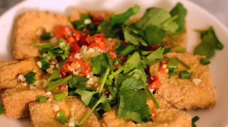 这样的臭豆腐,一次我能吃两份,这是怎么做的,太好吃了!,豆腐上撒上葱花、蒜泥、剁椒碎、香菜