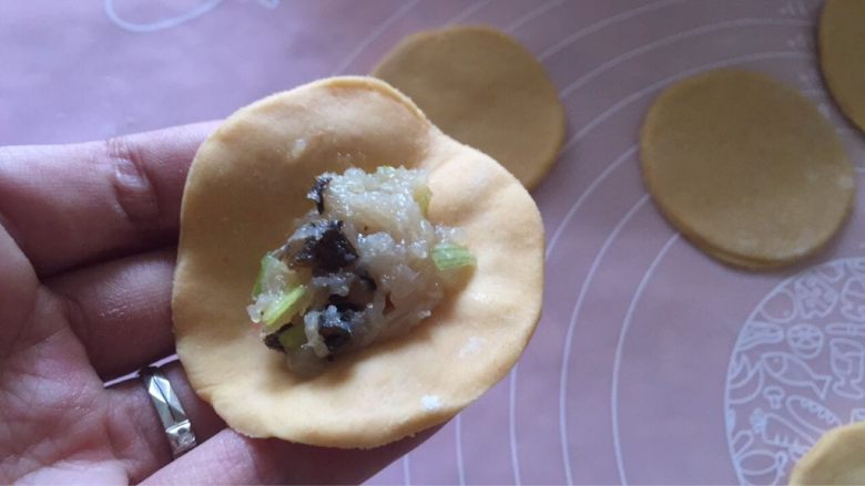胡萝卜煎饺,取一片饺子皮,中间放入一点馅料;