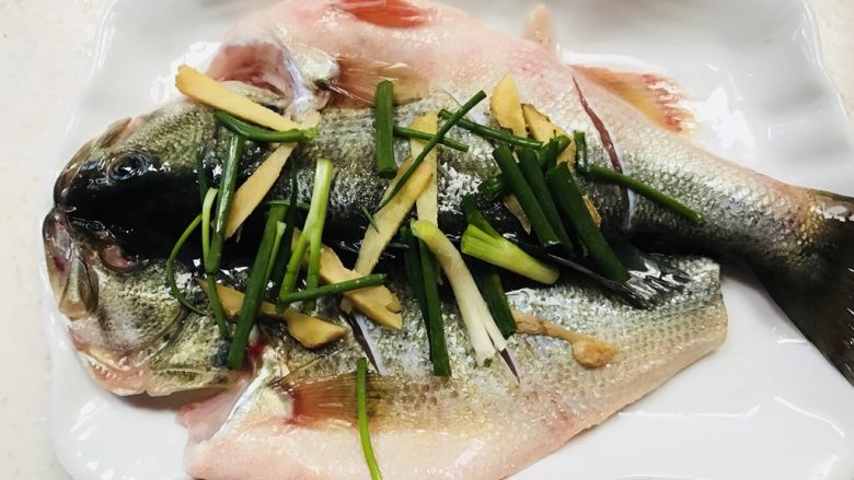 清蒸鲈鱼,鲈鱼研制半小时后洗净，摆盘，铺上葱姜