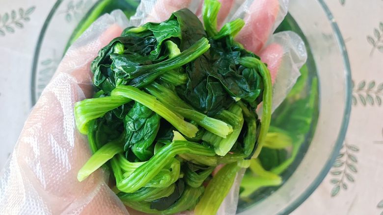 大力水手的最爱-炝拌菠菜,戴上一次性手套将菠菜水分挤干