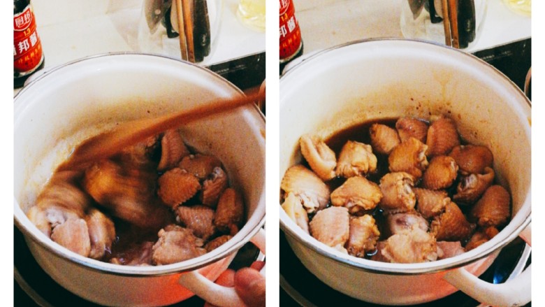 四杯鸡,锅热后加入准备好的肌肉,按照肉的实际份量调整酱汁的量(适量浸没即可),让鸡肉均匀分布
