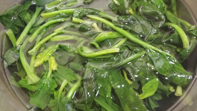 菠菜鸡蛋饼(无面粉),焯至八分熟,捞出用冷水冲洗一下。