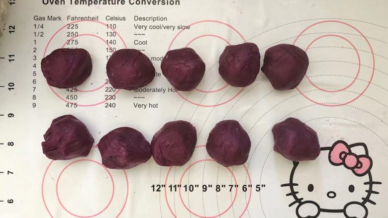爆浆紫薯仙豆糕,把紫薯泥分成10等份,大约每个28克。