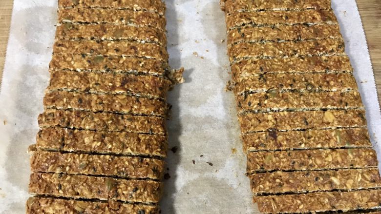 木糖醇燕麦棒,晾凉了切成小块,不晾凉不好切,烤箱预热135度。