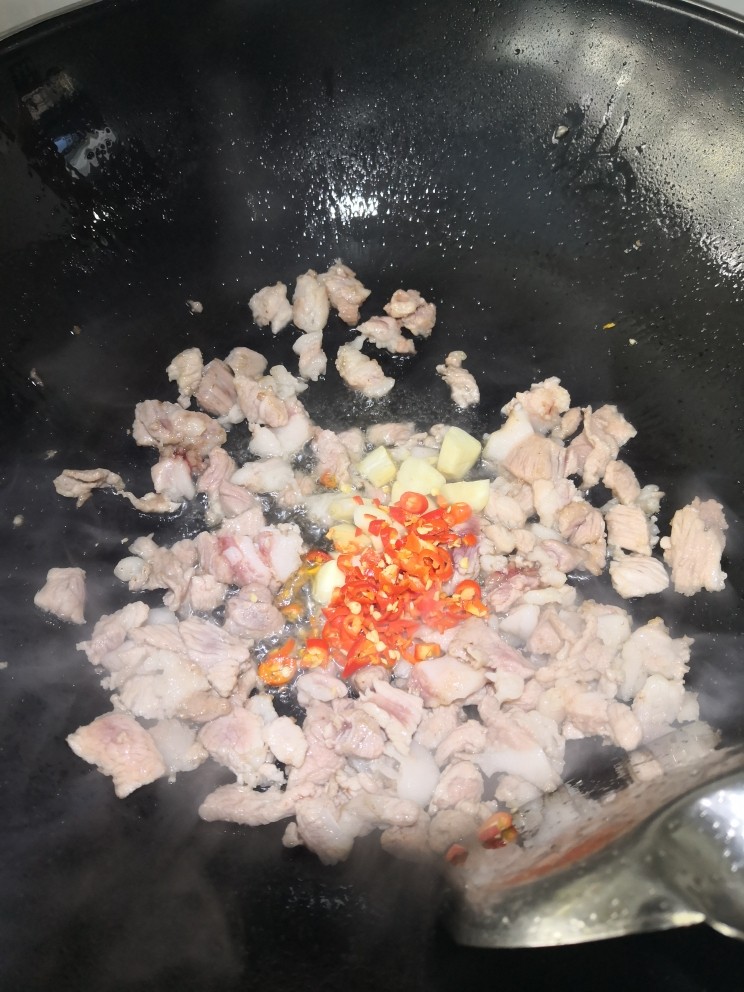 黄焖肉-一口气三碗饭,翻炒至变色以后开始放入辣椒,大蒜子。继续翻炒。