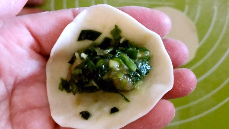 韭菜猪肉馅水饺,取一个面皮,在面皮上加入一勺馅料