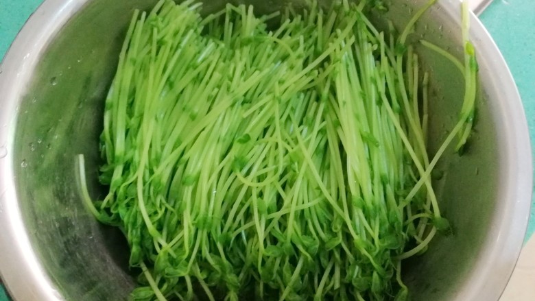 上汤豆苗(简易版),焯好的豆苗,捞起滤干水分备用