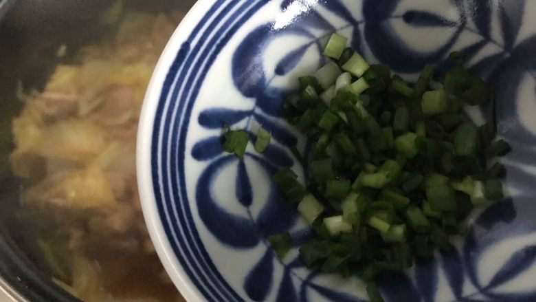 白菜腐皮炖五花肉,加入小葱,即可