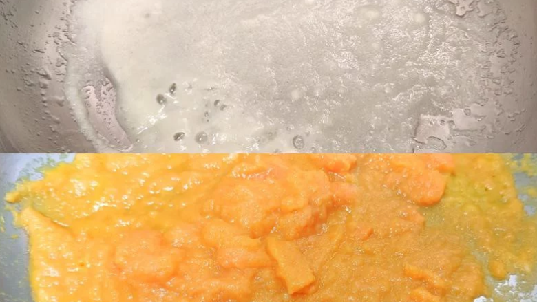 蟹黄豆腐煲,热锅后放入适量的油
蒜泥炒出味后加入红萝卜泥
整体呈现橘红色后加入咸蛋炒香