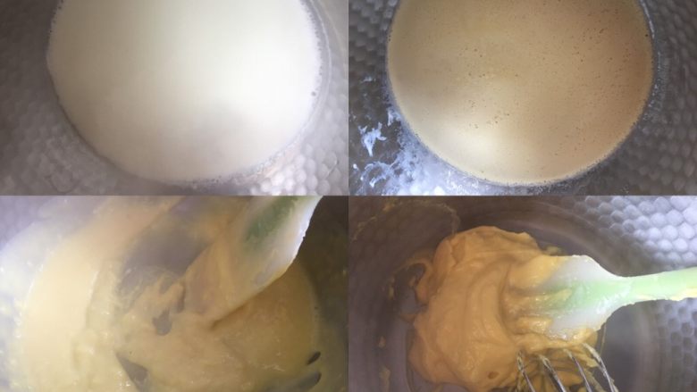 好利来半熟芝士,牛奶加热至锅边冒泡,不用沸腾,分次倒入蛋黄糊中搅拌均匀后再倒入锅里小火加热不断搅拌至浓稠顺滑,卡士达酱就制作好了