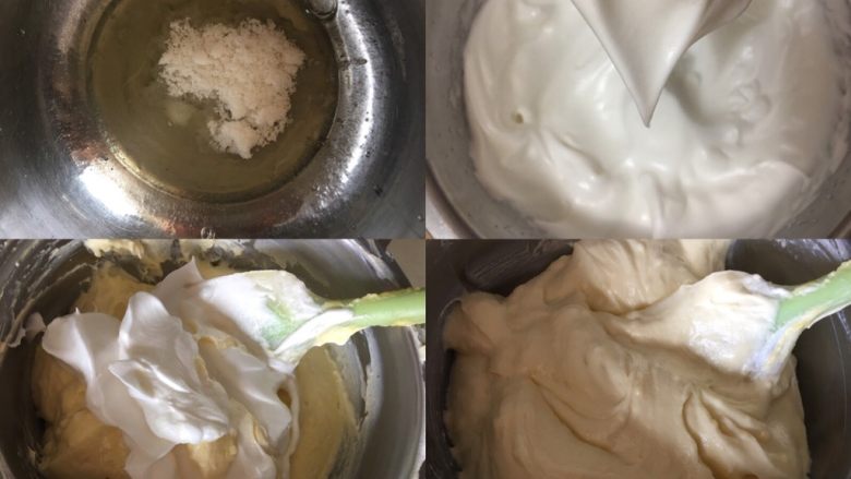 好利来半熟芝士,继续打发蛋清,蛋清中加入40g糖打发至提起大勾尖即可,将打发好的蛋白分次混合到卡士达奶酪酱中搅拌均匀,装入裱花袋备用