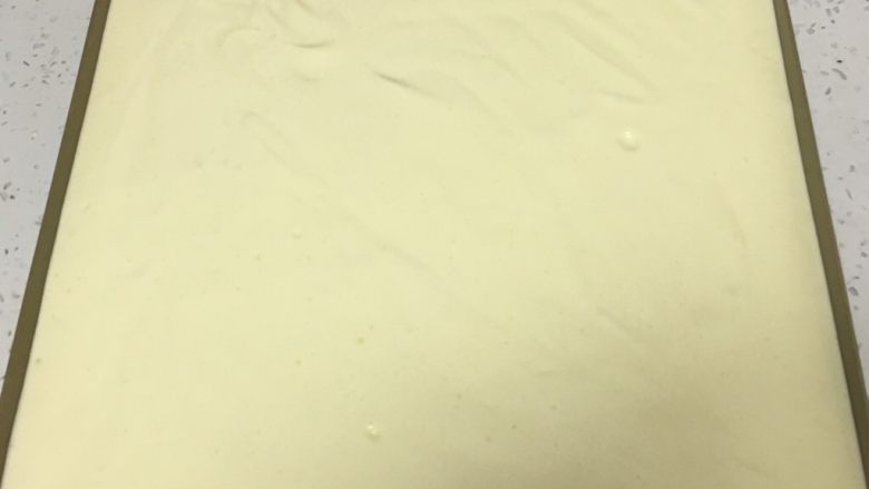 肉松小贝蛋糕,将蛋糕糊倒入金盘,震几下刮平表面。