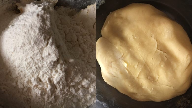 凤梨酥(纯菠萝馅),筛入面粉,揉成光滑不粘手的面团,盖保鲜膜松弛静置15分钟