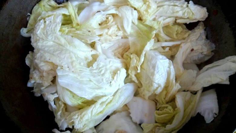 肉沫粉丝烧白菜,锅中放入少量植物油,放入白菜翻炒至变软,加入适量盐