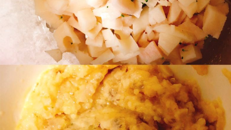 鲜虾莲藕蒸糕,将莲藕和处理好的鲜虾放入辅食机搅拌均匀后和其中一碗的蛋液搅拌在一起!