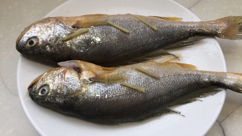琐碎金鳞软玉膏➕家常红烧黄鱼,黄鱼如果肚子肉厚,可以正反各斜切三刀,淋上一勺<a style='color:red;display:inline-block;' href='/shicai/ 718'><a style='color:red;display:inline-block;' href='/shicai/ 718'>料酒</a></a>,鱼身正反面都抹上少许食盐,放上姜丝,腌制15分钟