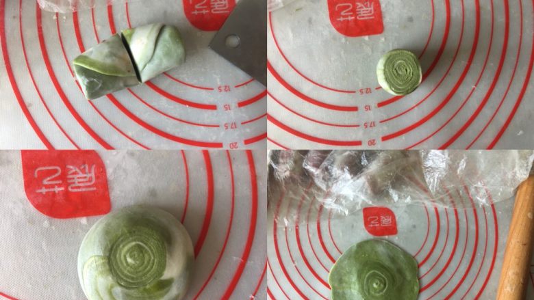 螺旋酥(蛋黄酥),彩色的油酥卷需要从中间切开,立过来,切面朝上,按扁,轻轻擀几下,边缘薄中间厚