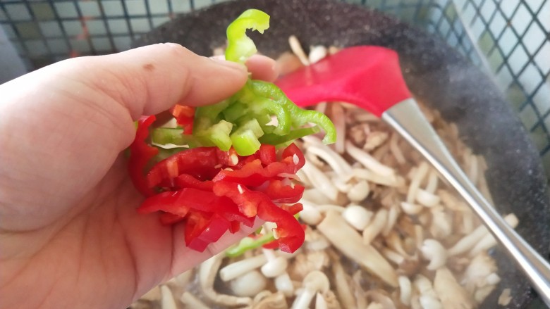 双菇鸡丝,最后加入尖椒,加入盐调味即可