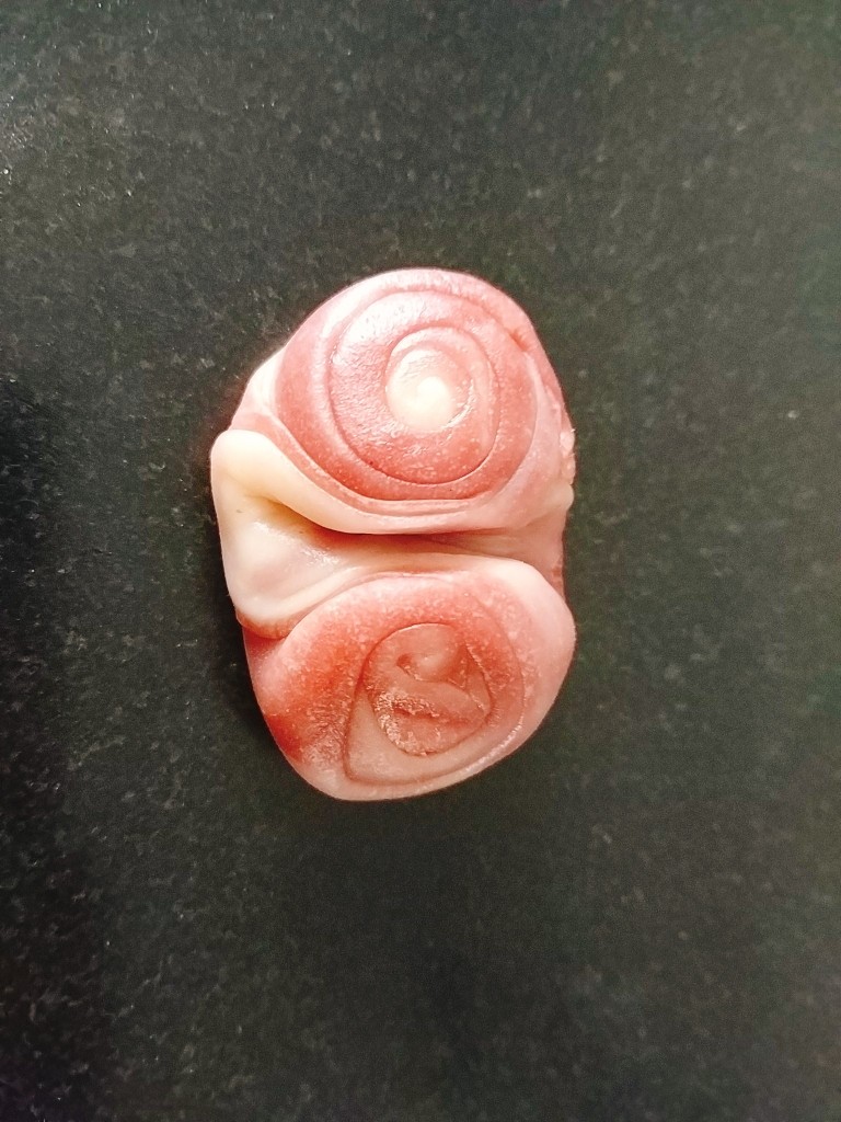 桃花酥,把两个边向上翻起来;