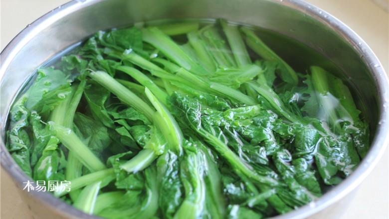 小白菜鸡蛋虾皮饺子,将汆烫过的小白菜，浸入冷水中降温。然后用手攥去水分放在案板上。