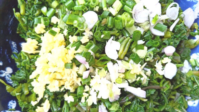 #爽口凉菜#凉拌野菜水芹菜,水芹菜装碗,放葱花,姜末,