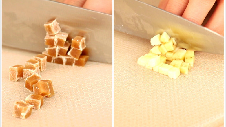 水果燕麦糕,山楂条和香蕉分别切丁
tips:香蕉可以换成其他的水果,建议换成比较甜的水果,我觉得香蕉搭配燕麦,味道口感超好