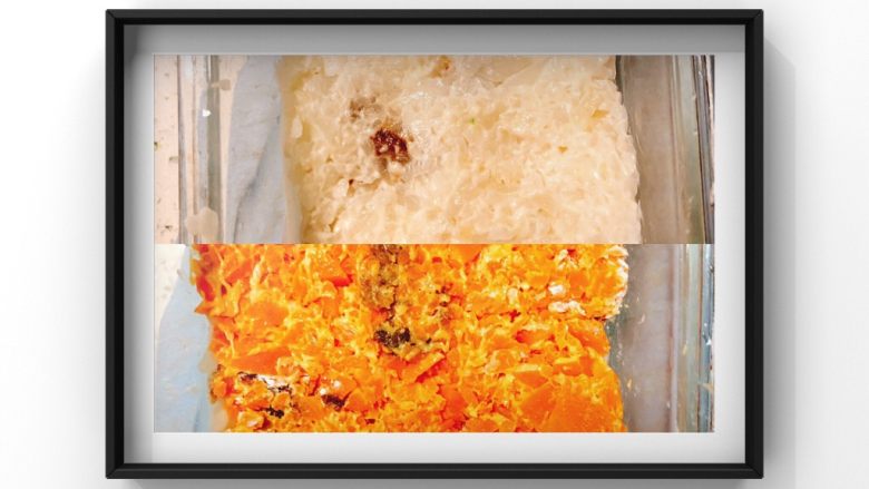 三色蒸糕(专为婆婆制作),容器内放入一个硅油纸第一层放入白萝卜泥,第二层放入胡萝卜泥,因为红枣已经提前放入面粉中所以每一层泥中都会有红枣!