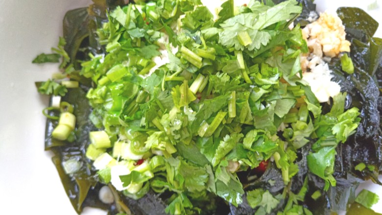 凉拌海藻菜,撒上香菜,搅拌均匀,装盘