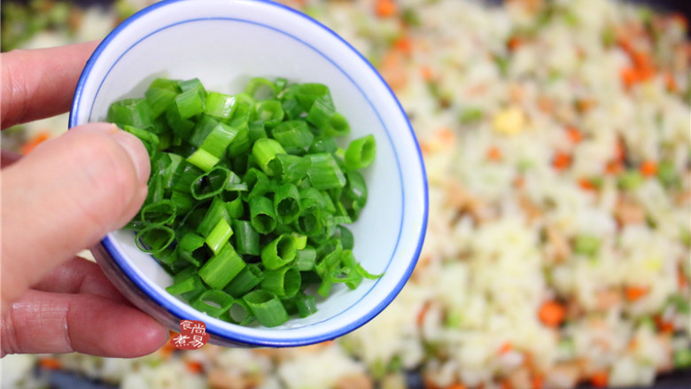 蔬菜鸡蛋炒饭,撒下葱花,翻炒均匀后即可起锅