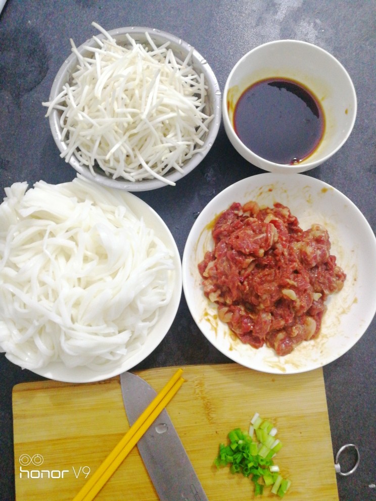 干炒河粉(粿条),全部的食材