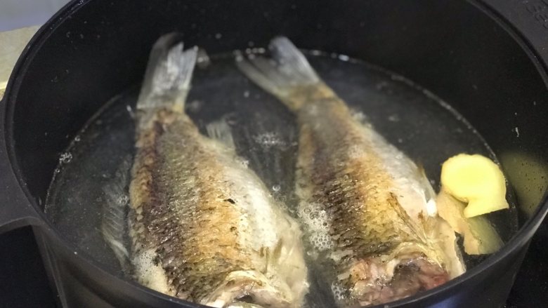 鲫鱼汤,锅内油倒掉,放入足量水(大概2大碗),加入姜片和鲫鱼。