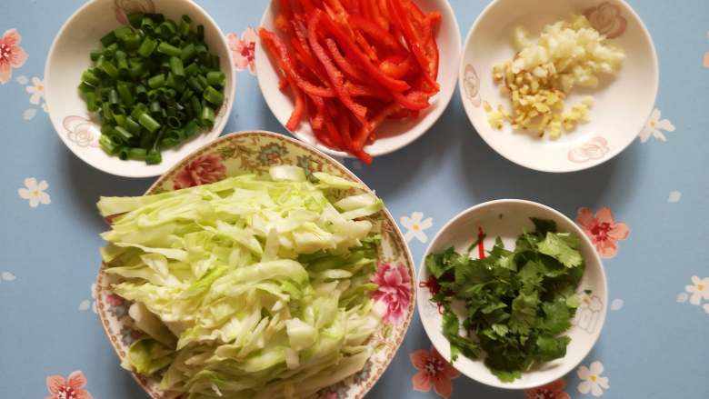素炒粉丝卷心菜,处理其他的原料啦,卷心菜切丝,香菜切小段,蒜和姜切碎,香葱切小段,红椒切丝,这里要强调一下,卷心菜不要切得过细,稍微的粗一点,这样就可以与粉丝同时成熟了。