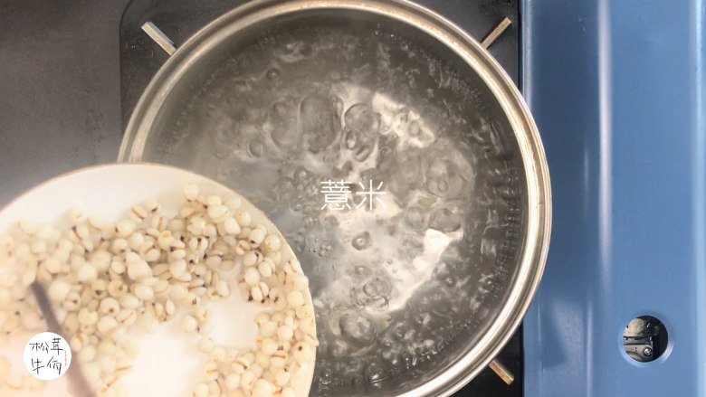 视频|薏仁米松茸莲藕羹|牛佤松茸食谱,烧开清水,放入薏米,煮透。