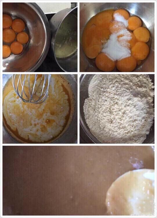 巧克力淋面裸蛋糕,制作方法:
1、蛋清蛋黄分离在两个干净的盆里(放蛋清的盆要保证无水无油);
2、30克糖加入蛋黄,搅拌均匀;
3、分别加入油和<a style='color:red;display:inline-block;' href='/shicai/ 219'>牛奶</a>,搅拌均匀;
4、筛入<a style='color:red;display:inline-block;' href='/shicai/ 548'>低筋面粉</a>,拌匀,不要过度搅拌,以免起面筋影响口感;
5、蛋黄糊拌好放到一旁静置;
