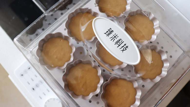 红糖红枣蒸蛋糕,放到臻米电蒸箱中,盖好盖子进行发酵。