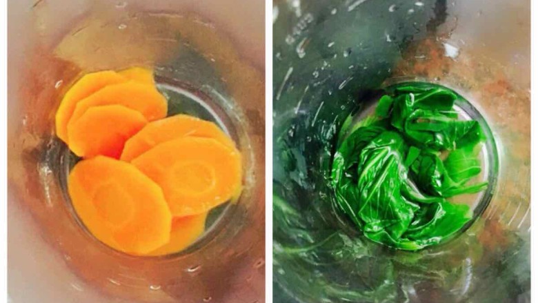 五彩缤纷果蔬泥,4.分别将各种蔬菜放进料理杯,适量加入些温水,再用料理棒打成泥。