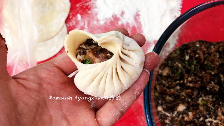 黑木耳肉末包子,右手食指和拇指提起面皮,像小时候折扇子样一褶一褶把包子皮往中间提起并压紧粘合,同时左手慢慢顺时针转包子,保持右手连续压褶,一般要有15个褶子以上才会比较漂亮,收口粘紧压实,依次把包子包好