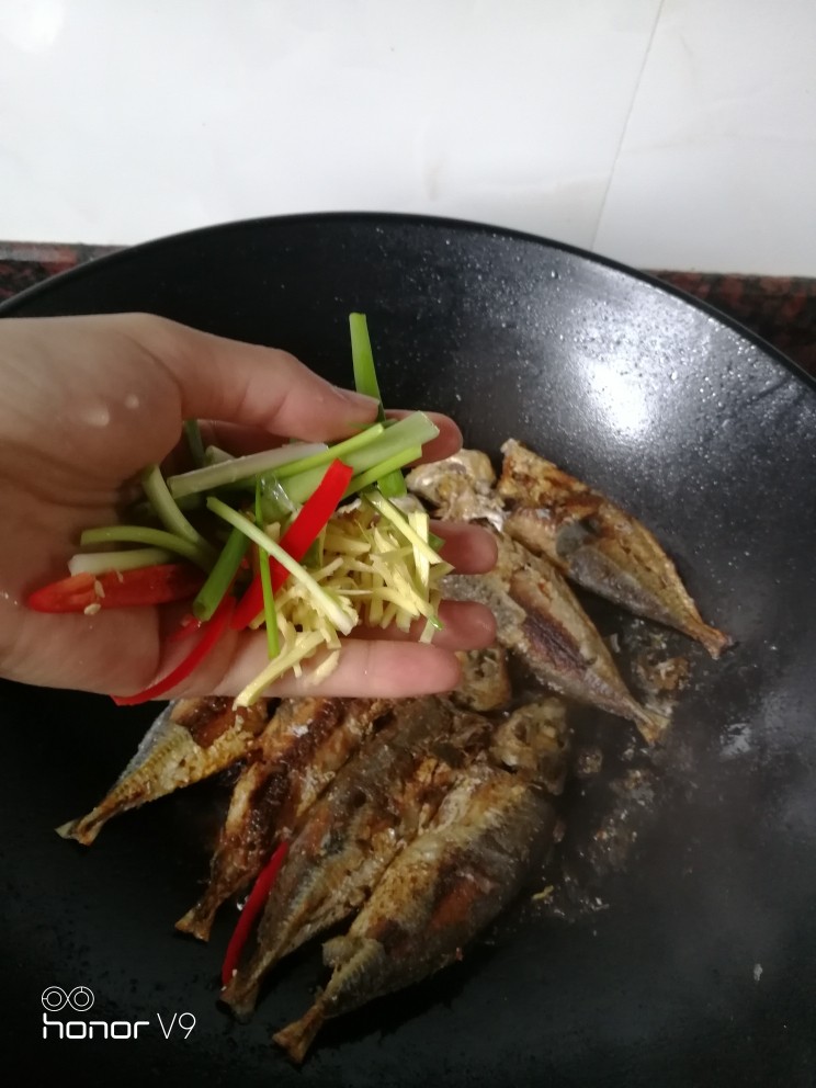 红烧巴浪鱼,加刚切好的姜,葱,辣椒。