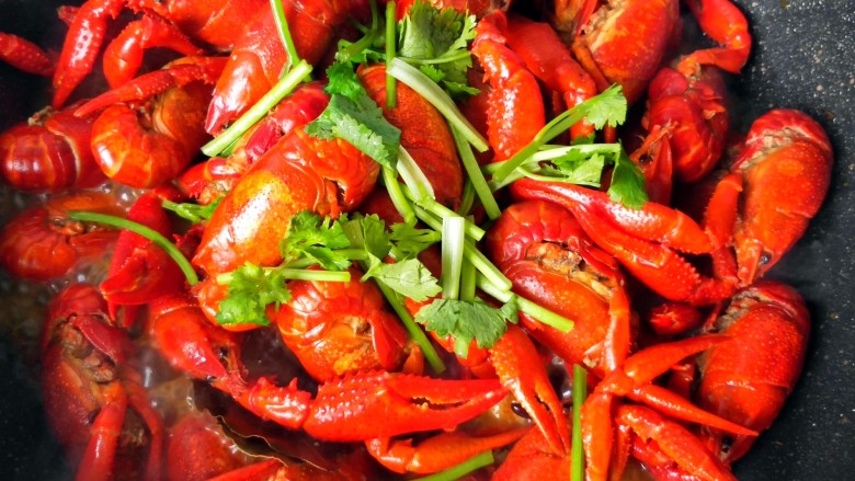 香辣小龙虾,大火收汁,撒上<a style='color:red;display:inline-block;' href='/shicai/ 131'>香菜</a>。