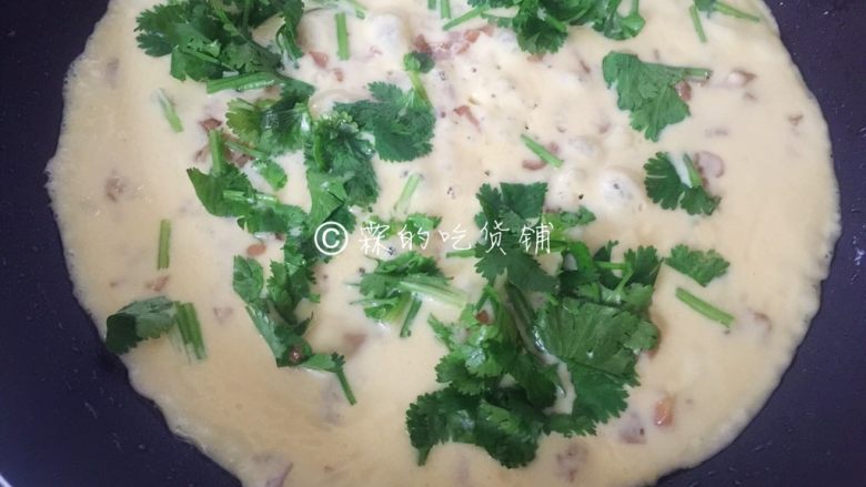 菜脯蛋 植物蛋版,有点凝固了,就把香菜撒上去(香菜换成小葱也可以,或者什么都不放,也是可以的。)