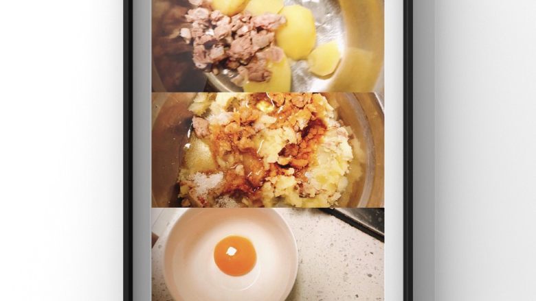 宝宝粽,把猪肉去骨切碎,鸡蛋把蛋黄蛋清分离,先将蛋清放入土豆泥和猪肉碎一起搅拌并加入宝宝酱油和1勺糖搅拌均匀后放置30分钟后倒入蛋黄搅拌均匀!