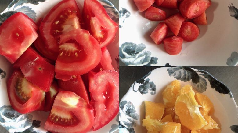 维生素能量特饮(清肠排毒),西红柿、水果胡萝卜、橙子去皮切小块儿待用。