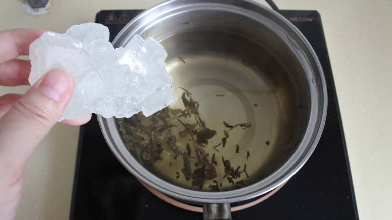 缤纷水果茶,取一小锅水煮开,放入适量龙井茶和冰糖浸泡。放置自然冷却
