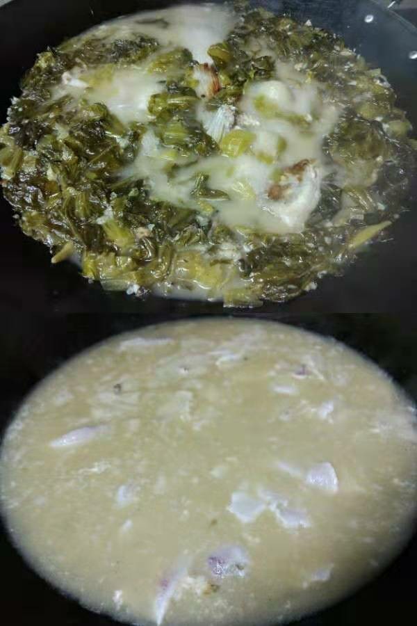 家常版酸菜鱼,大火煮开,小火炖20分钟左右,过程注意水份不足要添加,然后加盐鸡精味精调味,不喜欢鸡精味精的可以不放加少许糖替代,将锅里的鱼和酸菜捞出来放入装成品的大汤盘里,剩下奶白色的鱼汤。鱼汤大火煮开后,鱼腹鱼片一起倒入,立刻用筷子打撒,然后就等鱼肉边缘变白色,立刻关火,快速捞起,铺在鱼骨酸菜上面,不需要等汤煮开,捞好鱼片后,重新将汤煮开,倒入成品盘子里,七八分满就好。