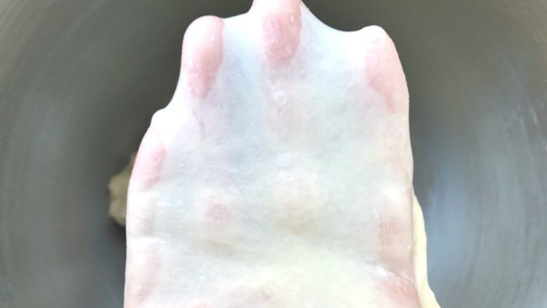 烫种芝麻辫子面包,揉好的面团切下一小块,可以慢慢撑出有弹性的手套膜