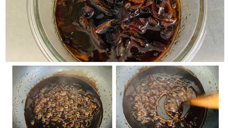 彩色广式肠粉,酱汁一次可以多做一些。装在无水的密封杯或碗中冰箱保存可以用很久。干料不要扔可以浸泡在酱汁里一起保存。
留下一部分酱汁,用少许的水淀粉勾芡,一定要薄薄的勾芡,不要太厚。